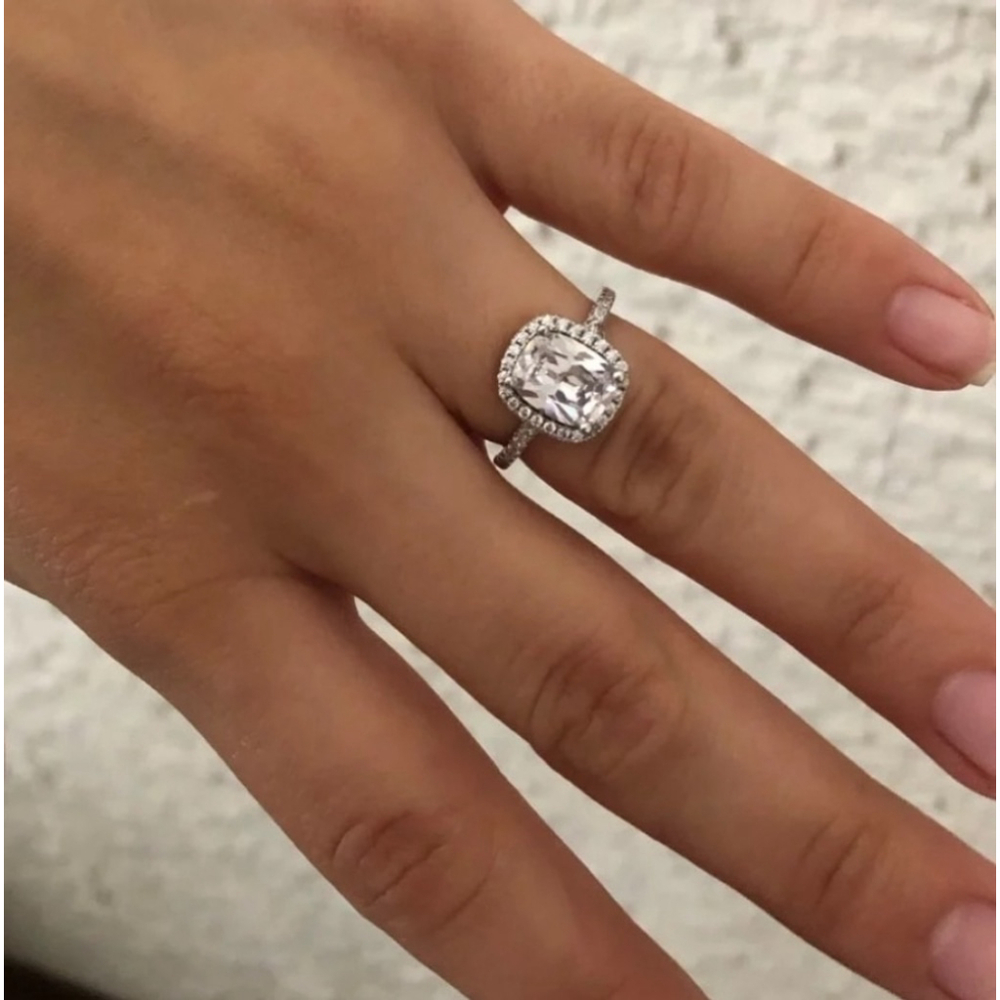 6ct Cushion Cut Halo Engagement Ring | 925 Sterling Silver Platinum - Picture 4 of 16